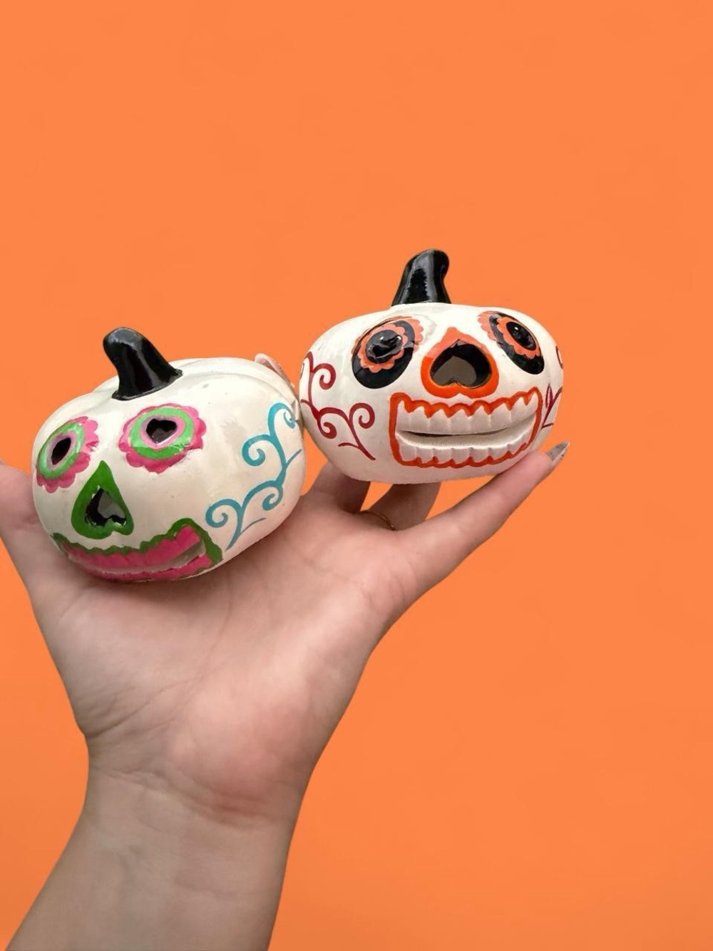 Hand-Painted White Ceramic light up Sugar Skull Pumpkins -